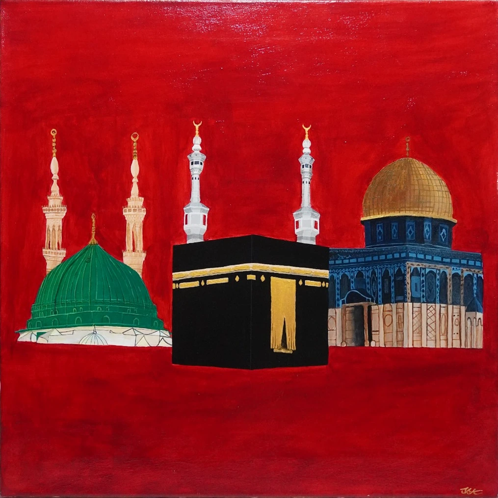 Al-Wahda by Saima Afia: a green dome and cream minarets at left, the black-and-gold Kaaba at centre, and a gold-domed blue building at right on red.