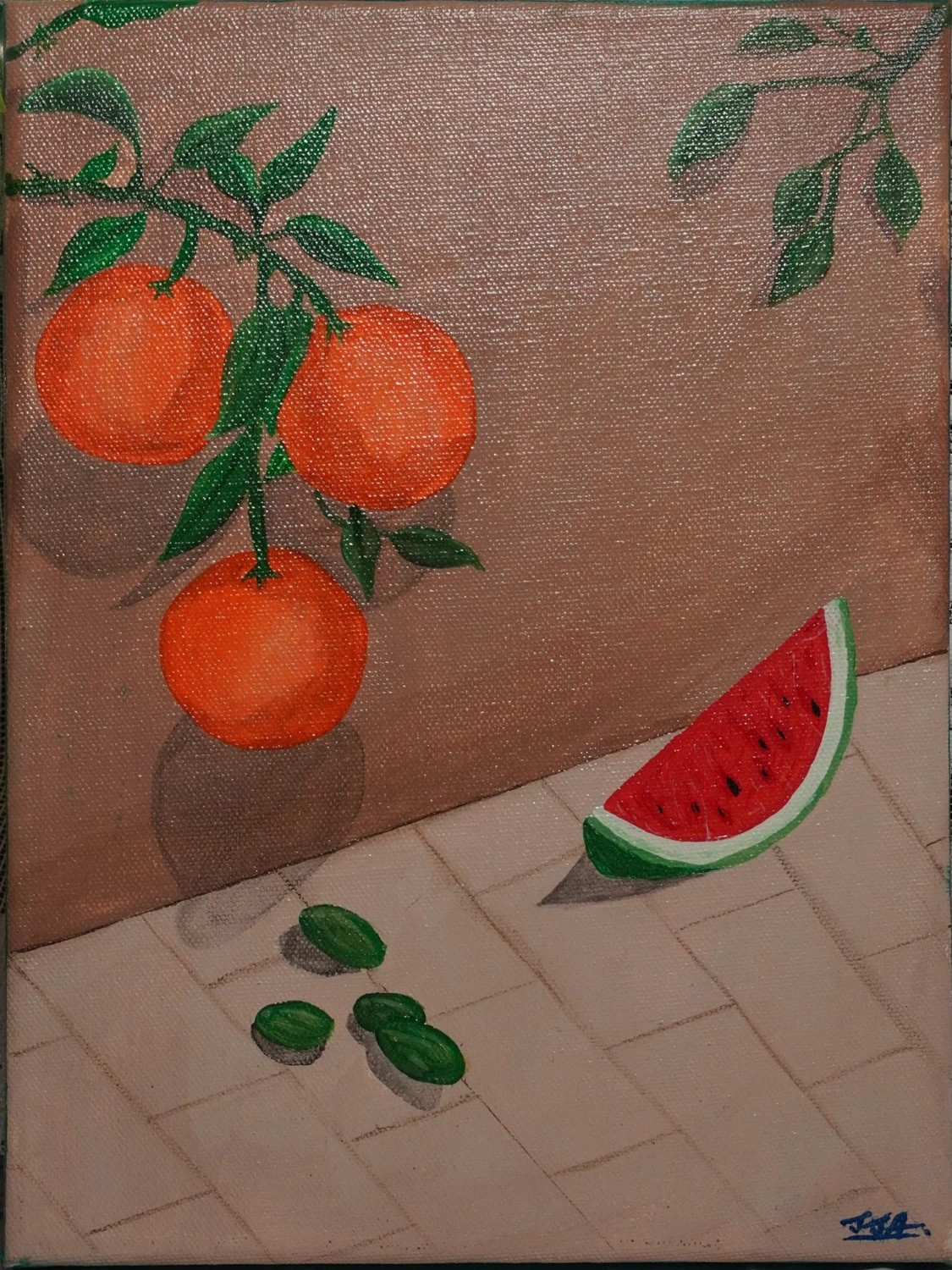 Peace by Saima Afia: a leafy orange branch above a cut watermelon and green olives on a table, painted on a warm brown background.