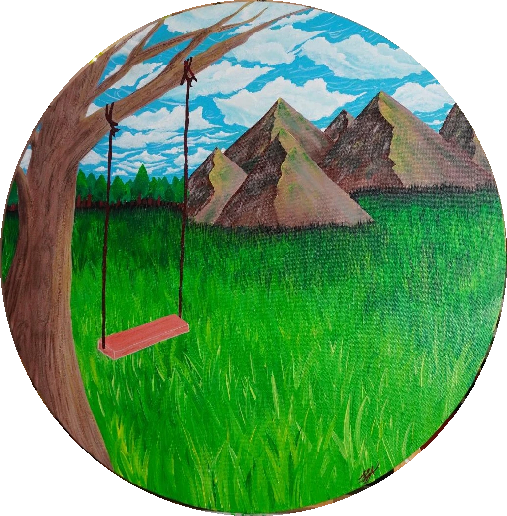 Joy by S. Saima Afia, a round landscape painting with mountains, a green meadow and an empty swing