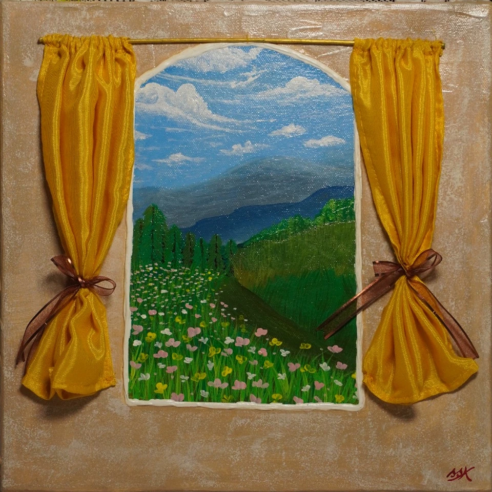 Through the Arch, a textured painting by S. Saima Afia with yellow fabric curtains and a landscape